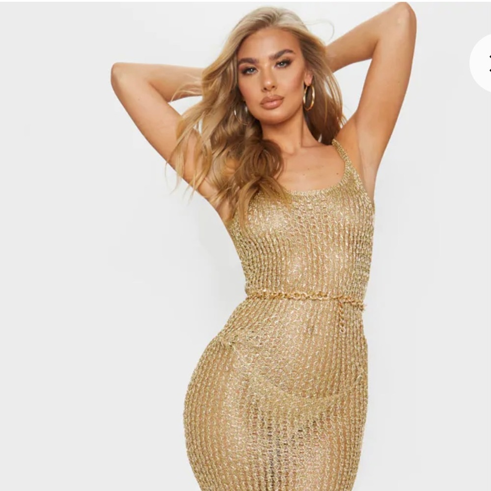 NWT Pretty Little Thing Gold Metallic Knitted Maxi Dress